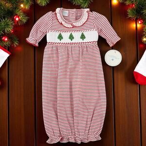 Edgehill Collection Christmas Tree Smocked Sleeper Gown Baby Girl  Sz 0-3 Mos